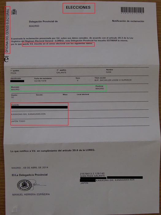Voto en elecciones para extranjeros en Japón. Carta de Delegación Provincial de la Oficina del Censo Electoral.