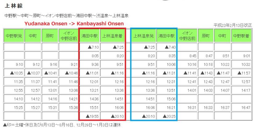 Horarios de los autobuses hacia el Snow Monkey Park